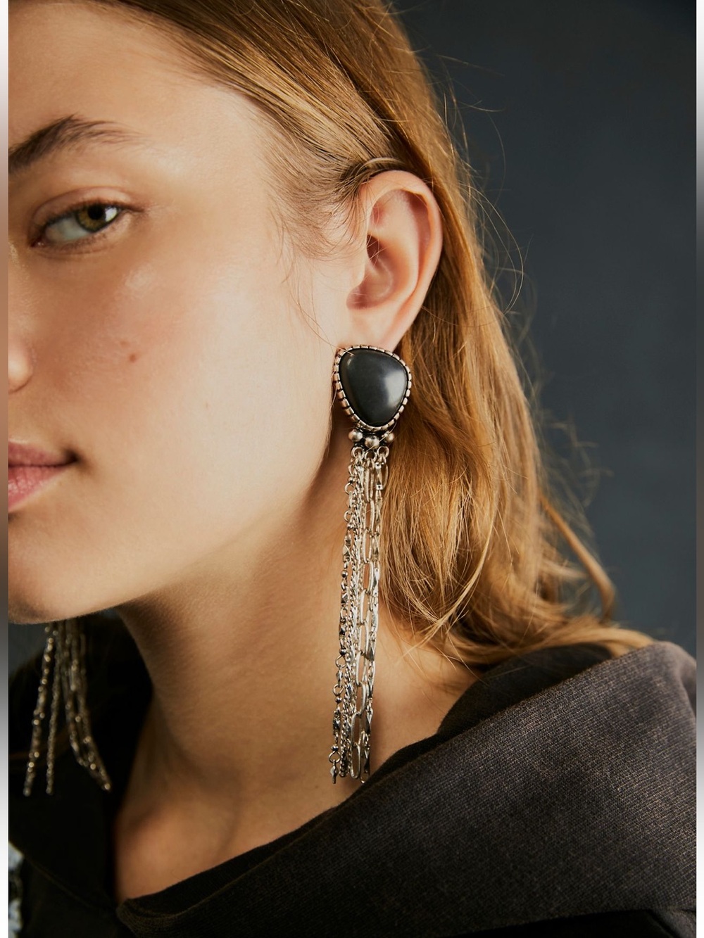 Free People Silver Multi-Chain Earrings with Black Teardrop
